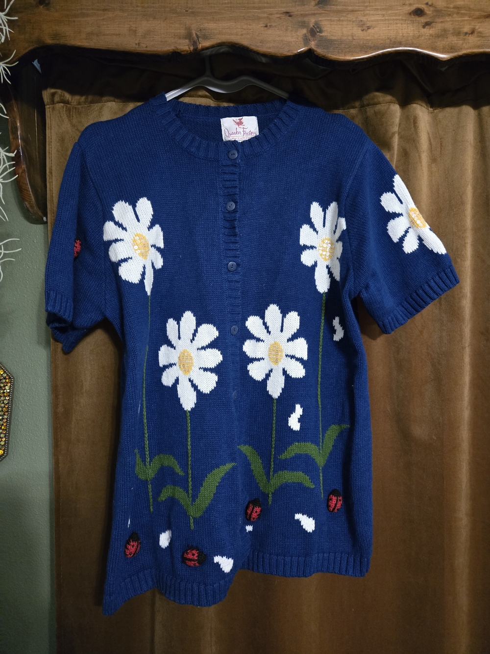 Quaker Factory Daisy And 3D Lady Bug Cardigan Size Large With Button Covers